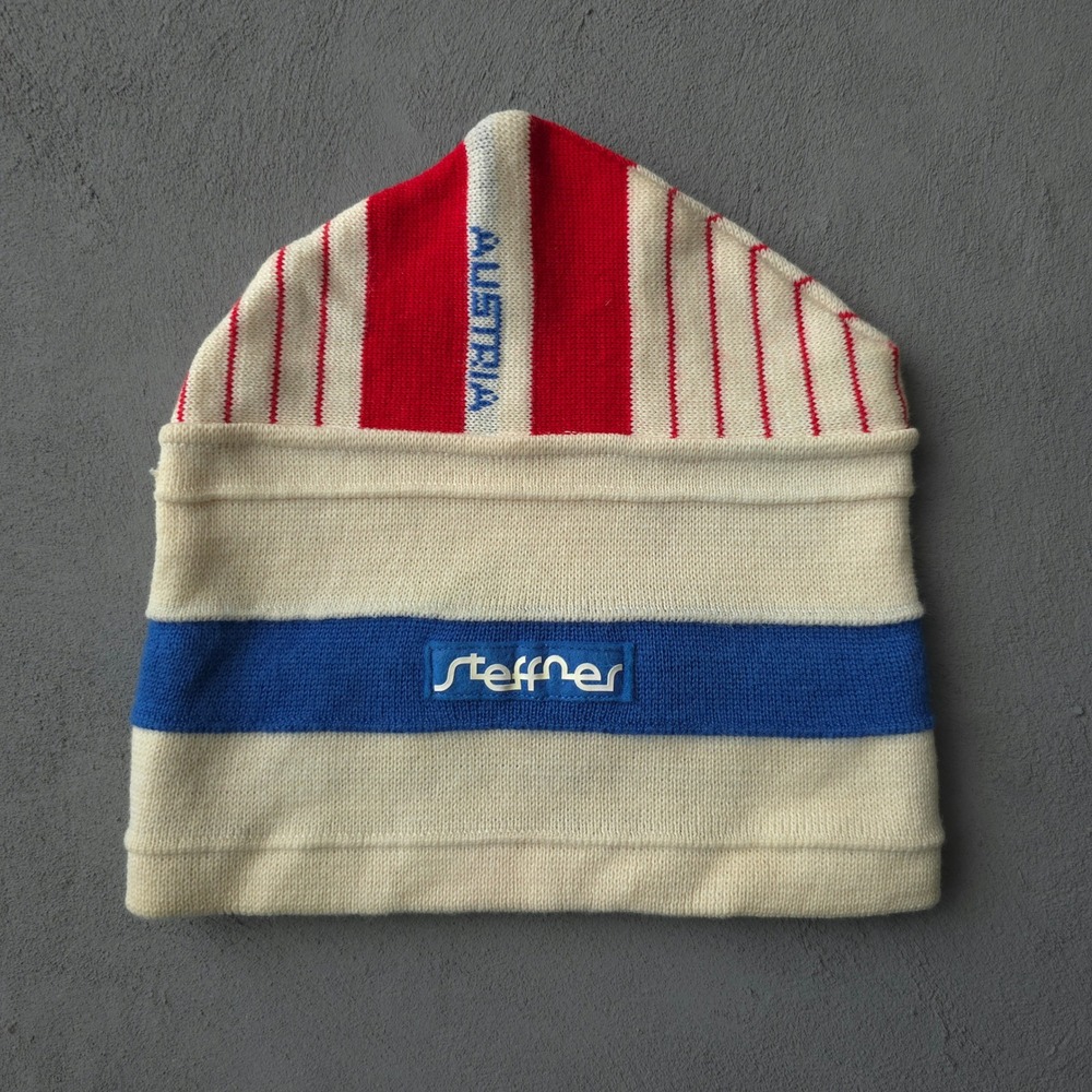 Vintage 70s Steffner Cream Red Blue Austria Ski Team Wool Beanie Hat OS